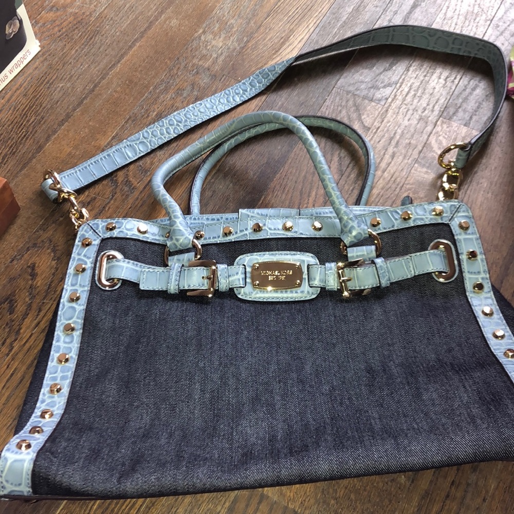 MICHAEL Michael Kors Denim Tote with Light Blue Trim and Gold Hardware